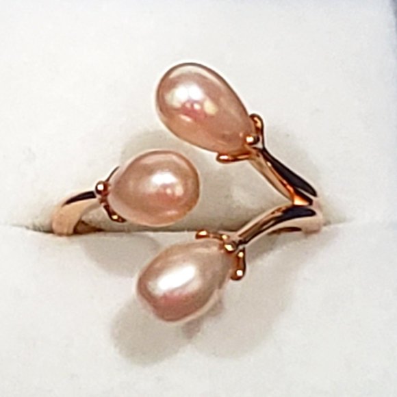 LucyQ Peach Freshwater pearl bypass ring in 14K Rose Gold over 925 Sterling sz 9 - Picture 1 of 5